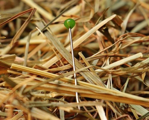 a pin dropped in a pile of hay