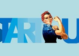 A fit animated woman in front of a blue sign spelled "Start Up"