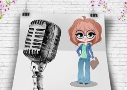 An animated girl speaking in front of a large mic